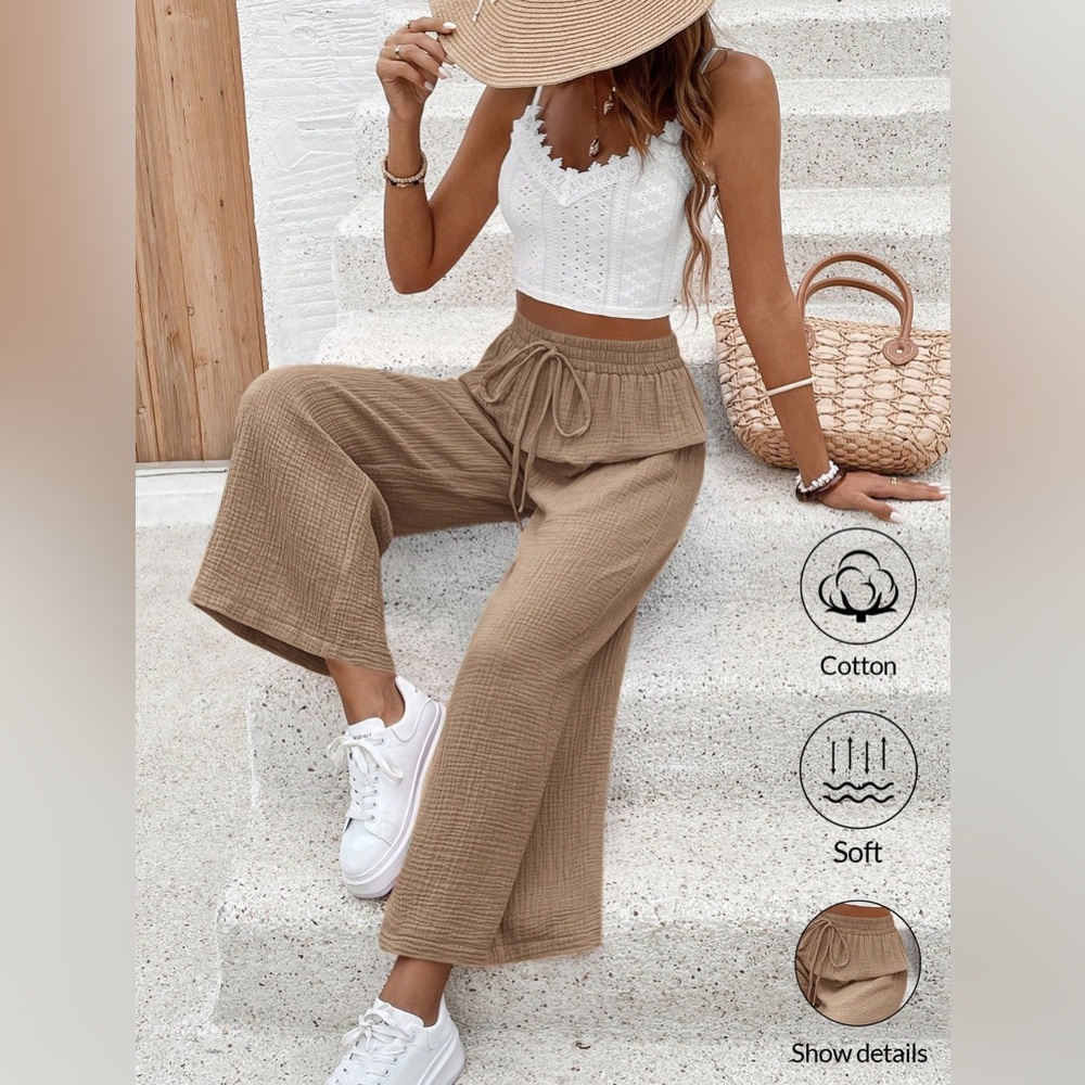 2 piece Lace Trim Crop Cami Top & Wide Leg Pants Apricot - Picture 5 of 6